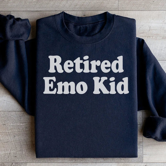 Black cotton/poly fleece sweatshirt with 'Retired Emo Kid' graphic, adjustable banded cuffs.