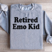 Sport grey cozy sweatshirt featuring 'Retired Emo Kid' design, warm fleece lining.