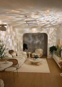 Ripple projector table lamp casting dynamic ambient light with sparkling wave patterns on wall.