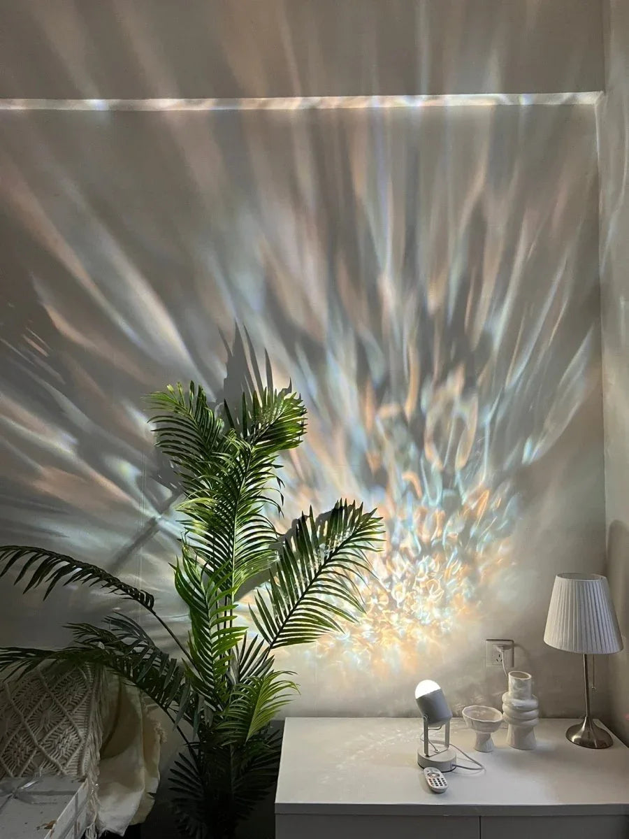 Close-up of ripple projector decorative table lamp showing aluminum body and light effect.