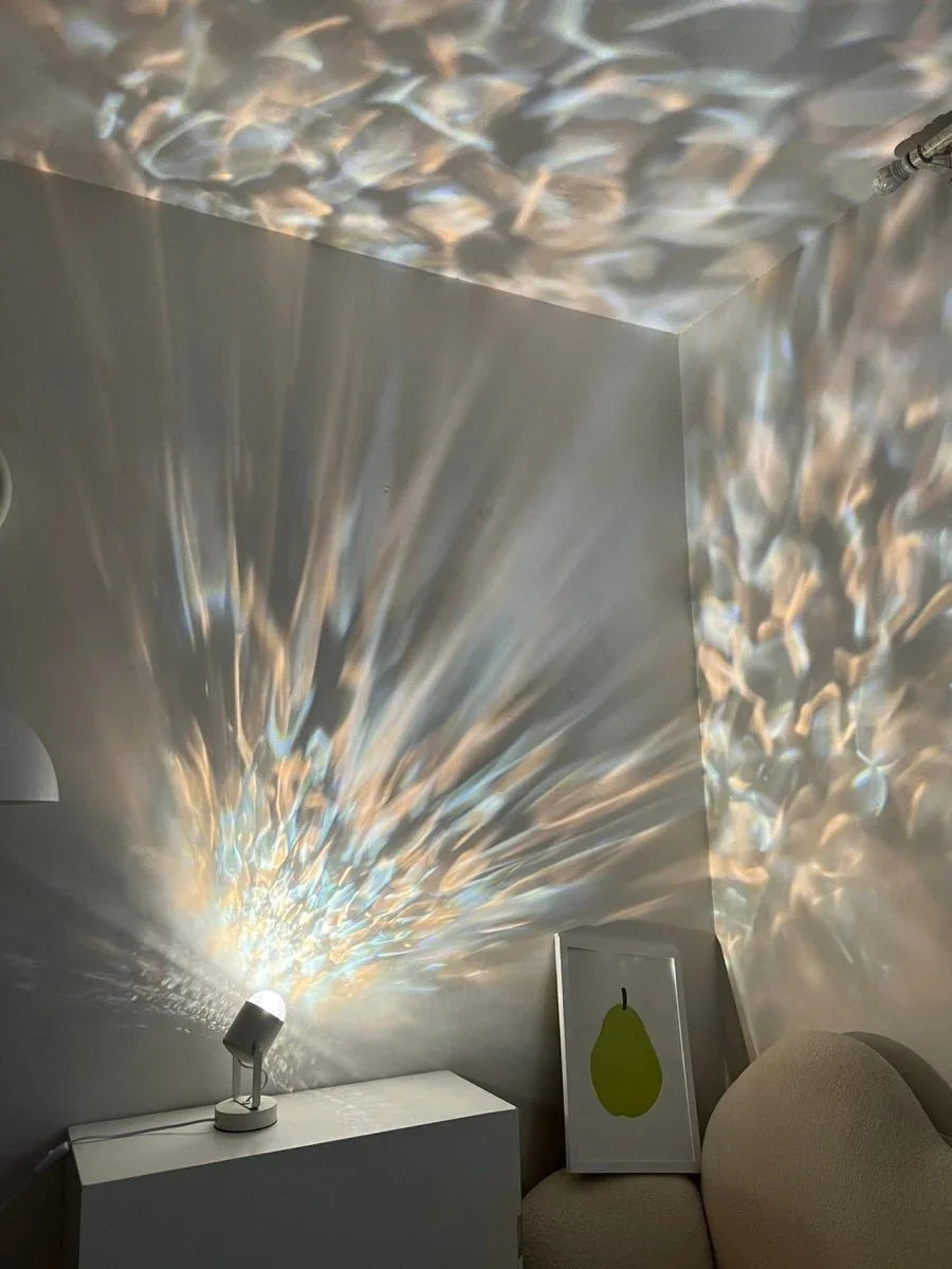 Ripple ambient night lamp creating soft, flowing wave patterns on dark wall in cozy room.