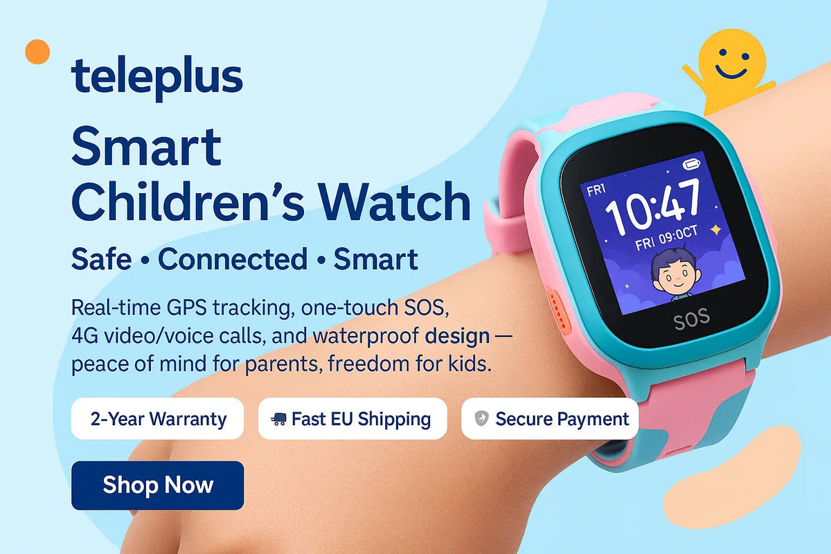 Black kids smartwatch corner view highlighting touchscreen and slim design.