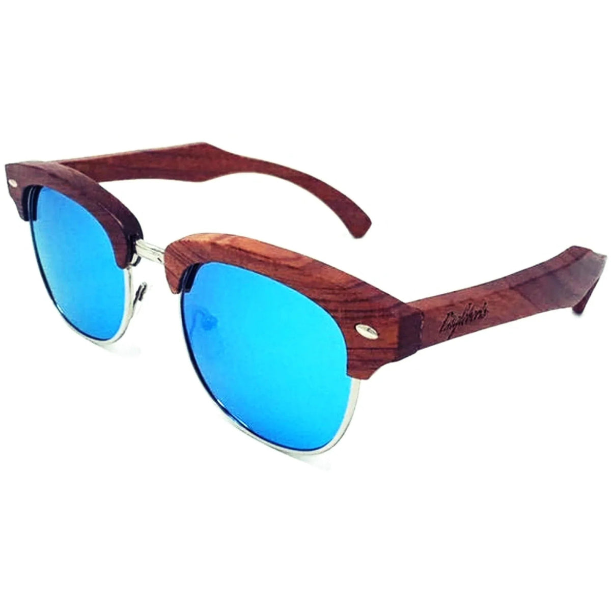 Side angle of eco-friendly sandalwood sunglasses highlighting smooth wooden frame and blue lenses.