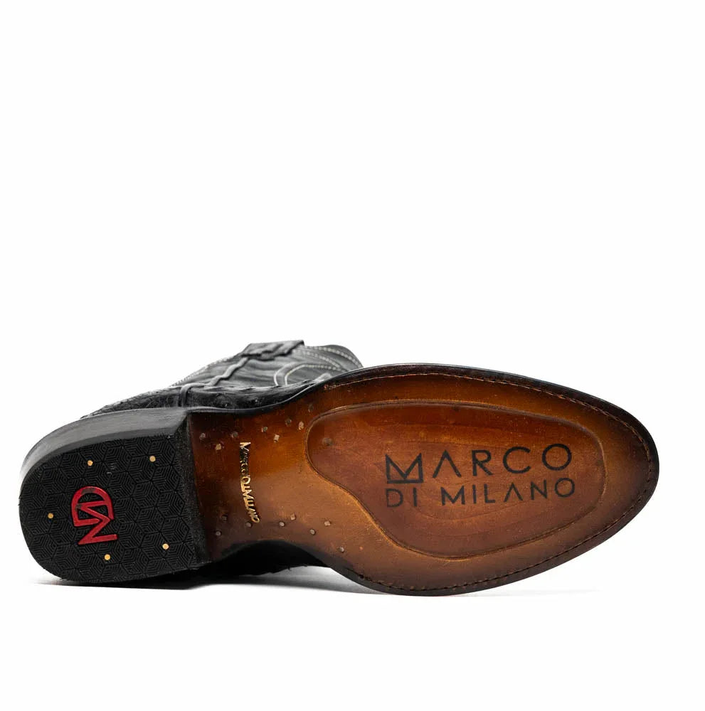 Savannah boot angled to display full-quill ostrich skin and classic cowboy silhouette.