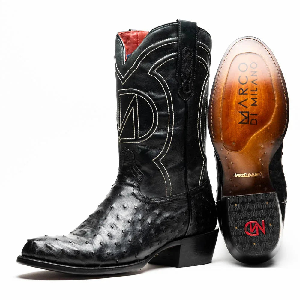 Close-up of black Savannah cowboy boot with full-quill ostrich skin and red vamp, side view.