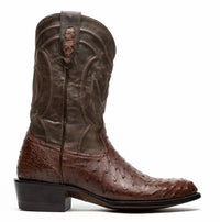 Side view of Savannah Kango Tabac ostrich skin cowboy boot showing round toe and intricate red stitch details.