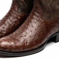 Angle shot of brown ostrich cowboy boot showcasing leather shaft and textured ostrich quill pattern.