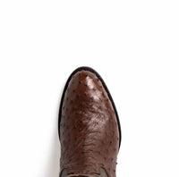 Savannah Kango Tabac boot angled to display the bold red vamp and detailed stitching of genuine ostrich skin.