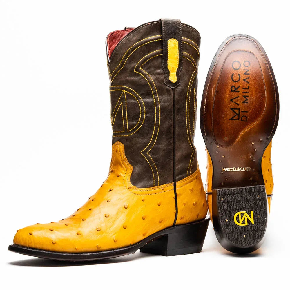 Savannah Buttercup ostrich skin cowboy boot showing side profile with red vamp and round toe.