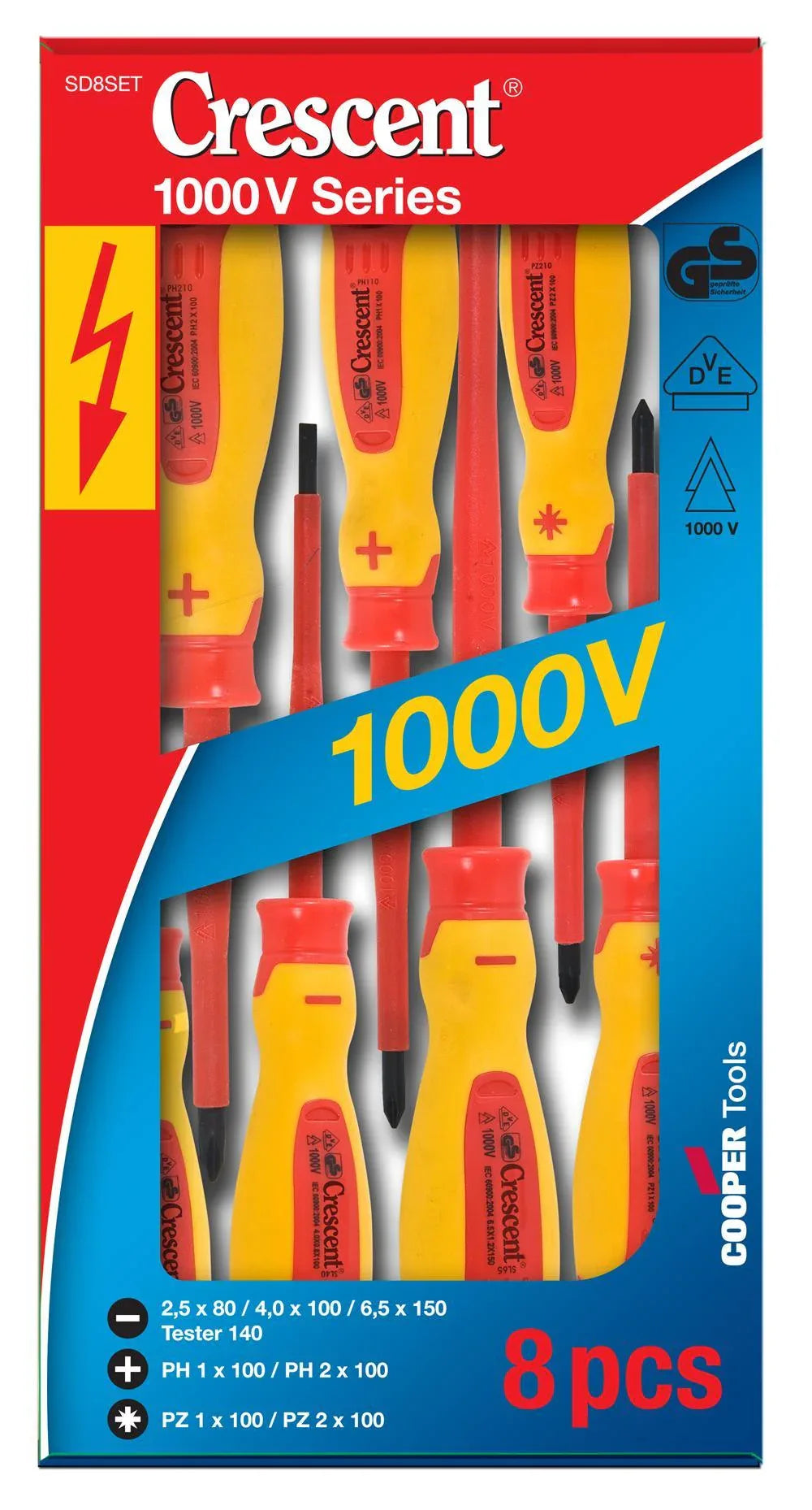 Eight-piece Crescent insulated electrical screwdriver set with tester featuring red and black co-moulded handles