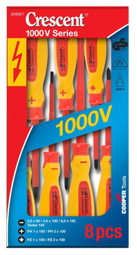 Eight-piece Crescent insulated electrical screwdriver set with tester featuring red and black co-moulded handles