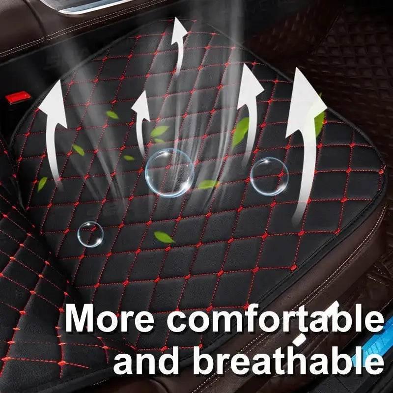 Front and rear black quilted leather car seat covers displayed inside a car interior.