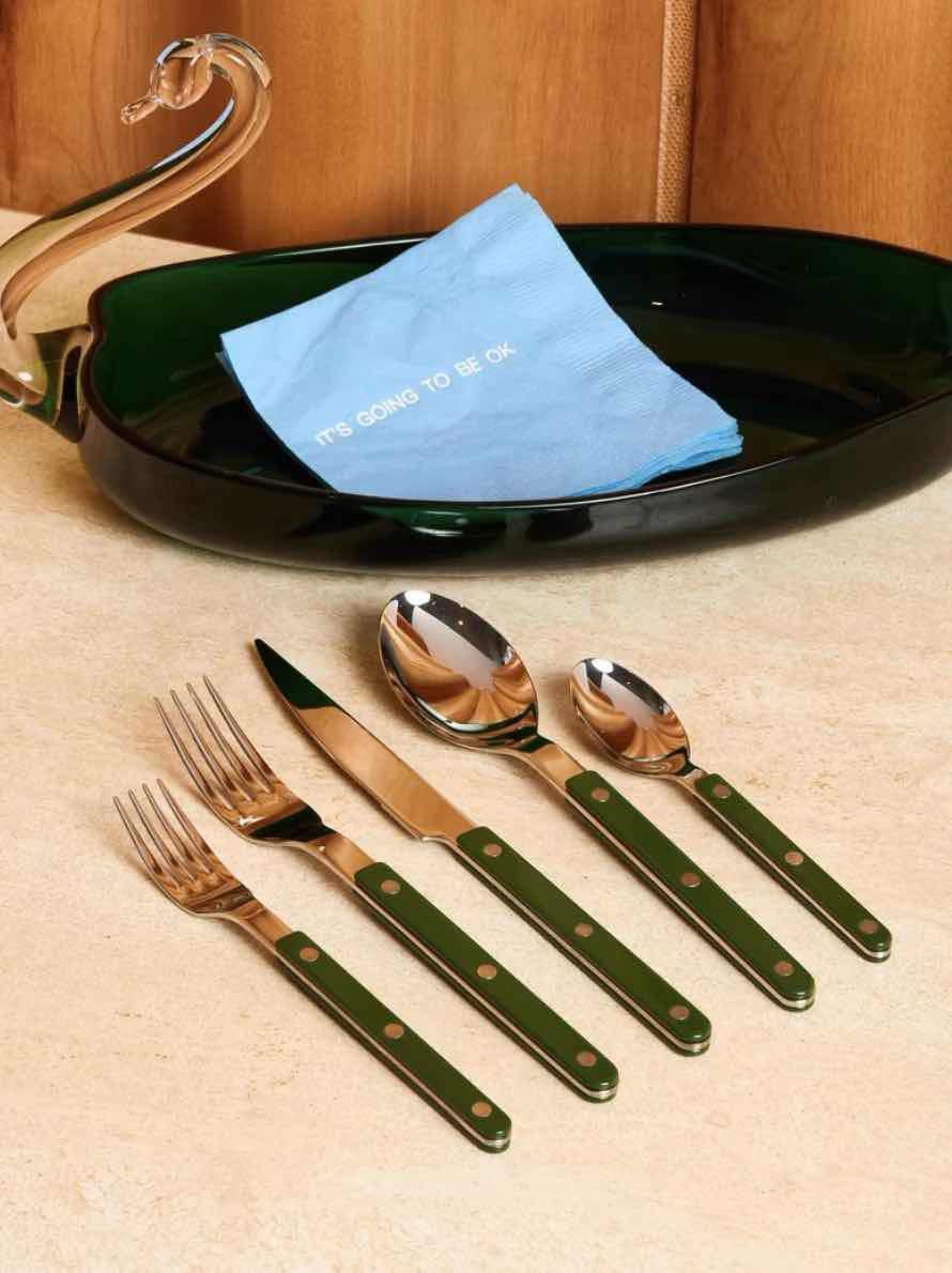 Close-up of stainless steel dopamine flatware featuring forks and spoons with a modern retro design.