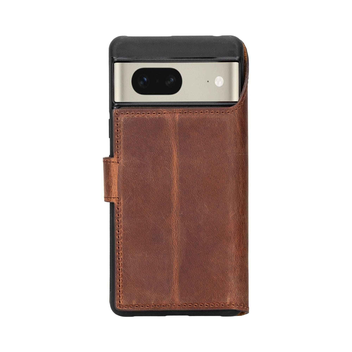 Brown calf leather Sheridan detachable wallet case open, highlighting handcrafted finish and card slots.