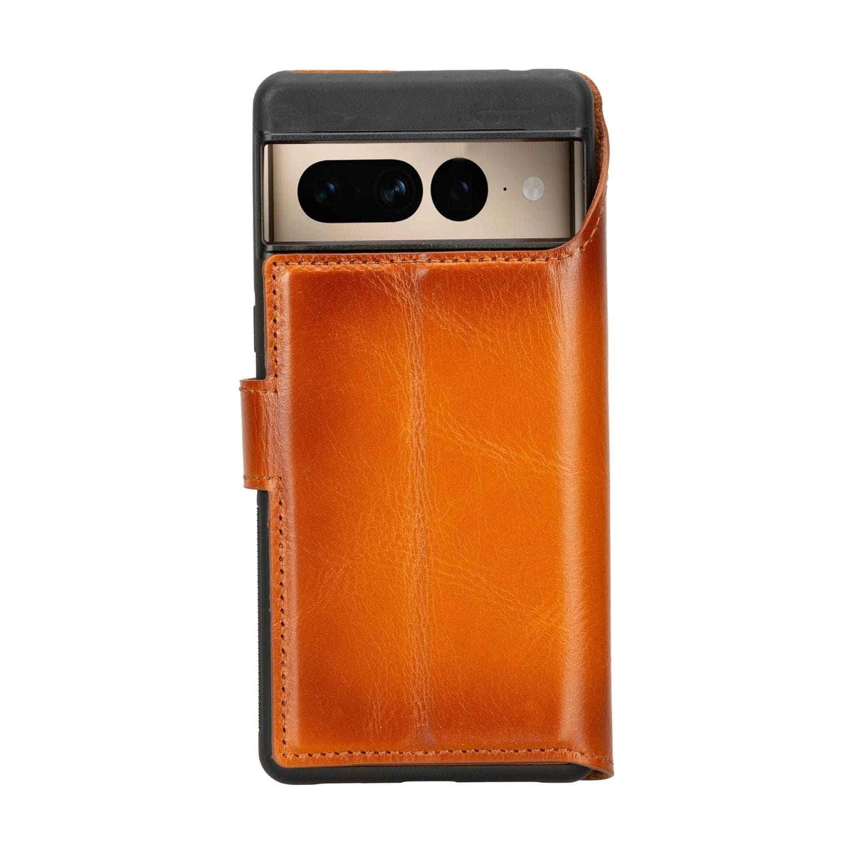 Open Sheridan leather wallet showing card slots and magnetic closure inside brown case.