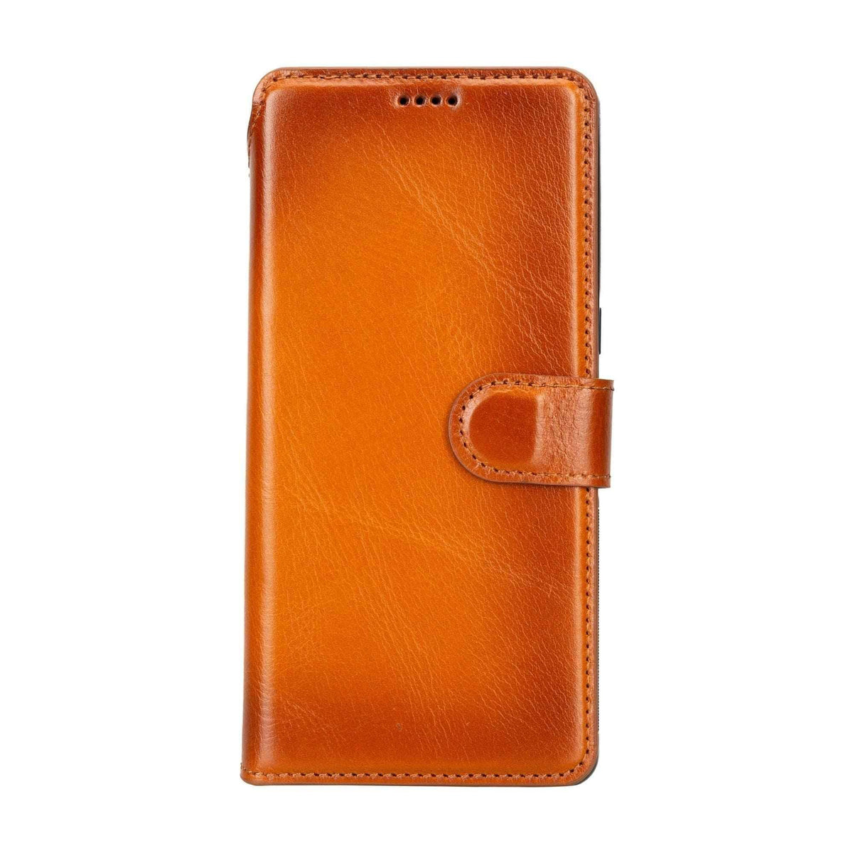 Close-up view of the Sheridan leather wallet's textured calf leather exterior in brown.