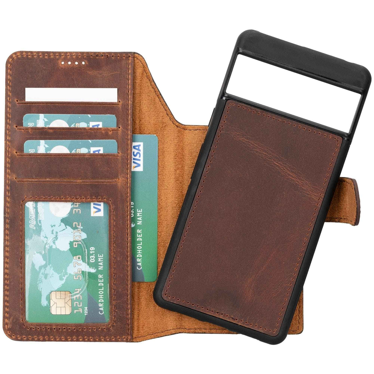 Sheridan wallet attached to Google Pixel phone showing sturdy magnetic connection and leather texture.