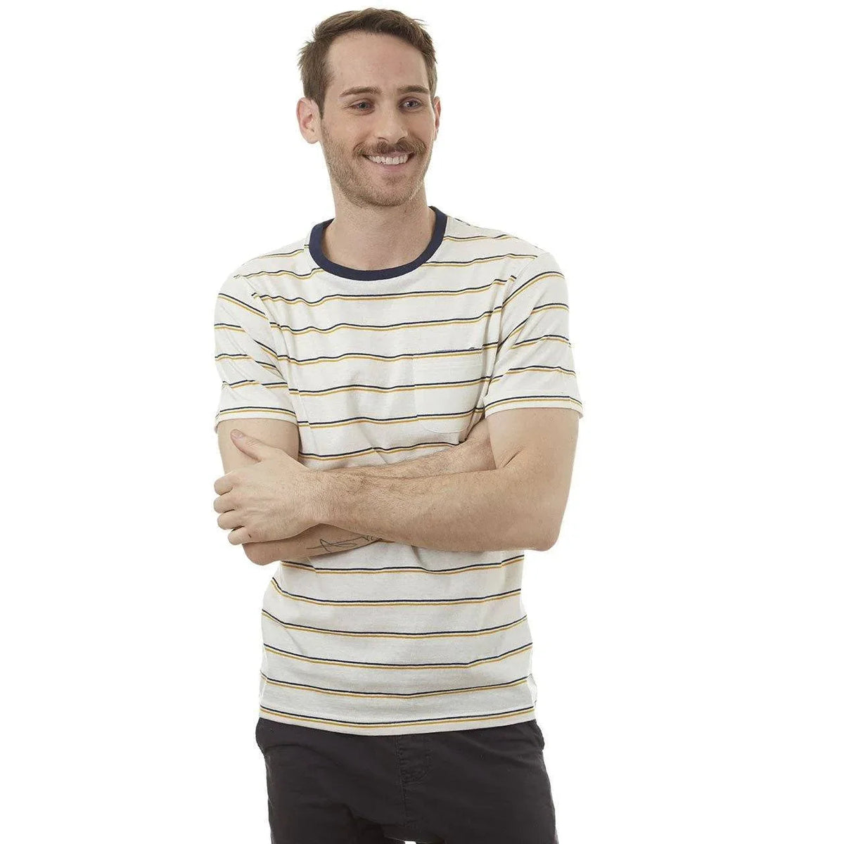 Front view of Edgar Striped Tee showing horizontal blue and white stripes with chambray back yoke and patch pocket.
