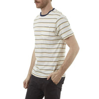 Back view of Edgar Striped Tee revealing chambray back yoke contrasting with striped front.