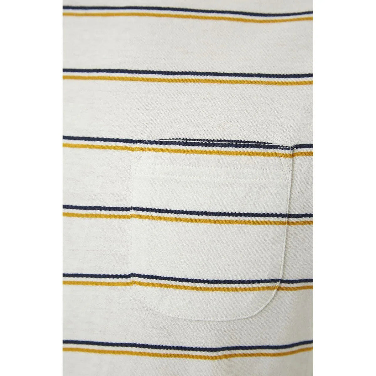 Close-up of the Edgar Striped Tee crew neck and shoulder seam detail.