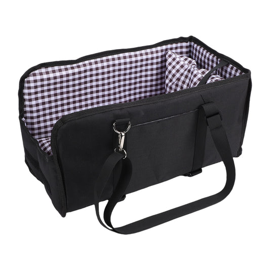 Black console dog car seat with checkered cushion and adjustable tether