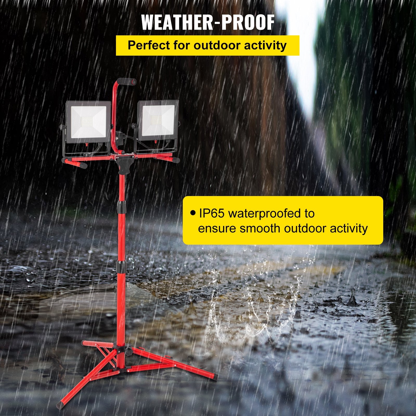 VEVOR 10,000-lumen dual-head LED tripod work light shown outdoors