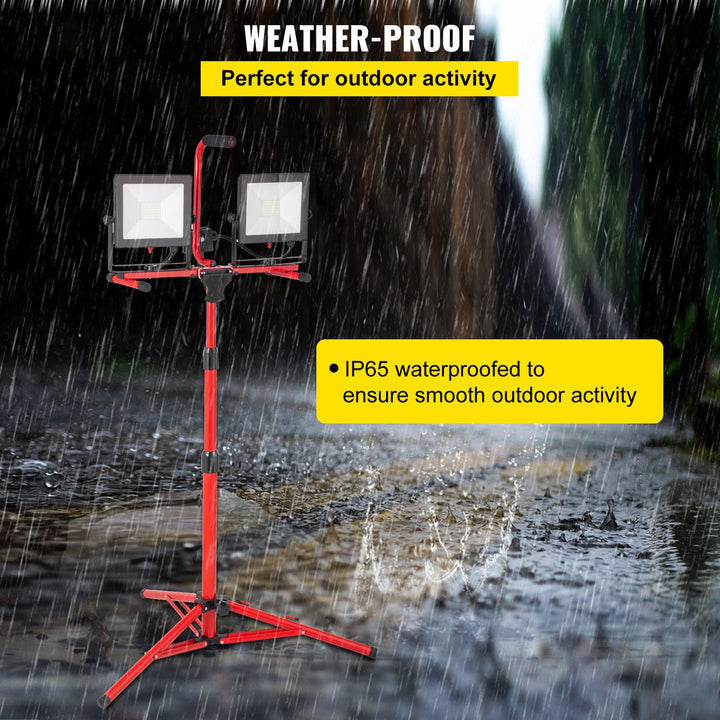 VEVOR 10,000-lumen dual-head LED tripod work light shown outdoors