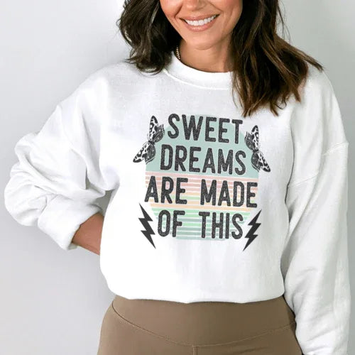 White Sweet Dreams sweatshirt with peachy orange and white graphic design, small size.