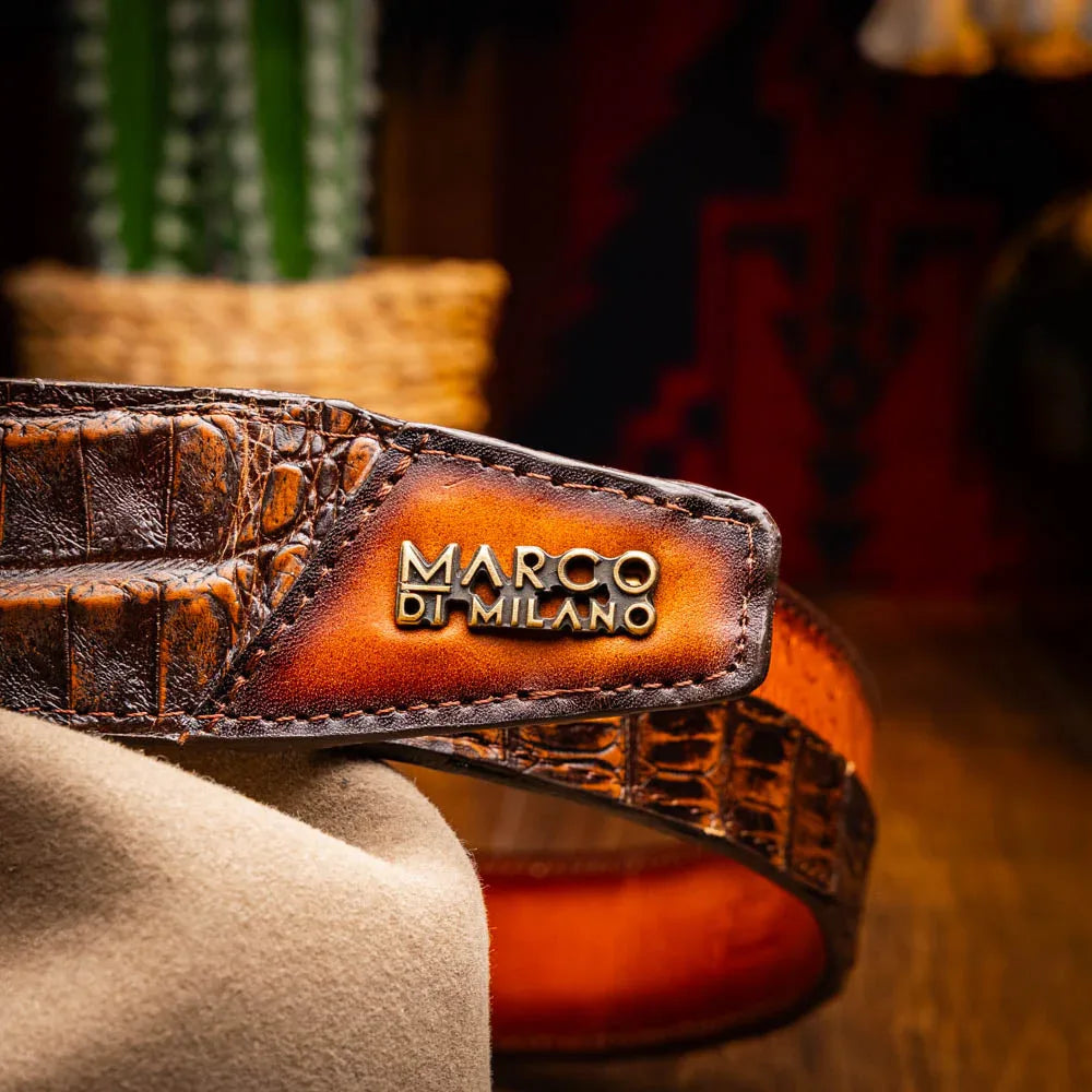 Close view of Texas Belt styled with casual outfit, emphasizing the texture and buckle details.