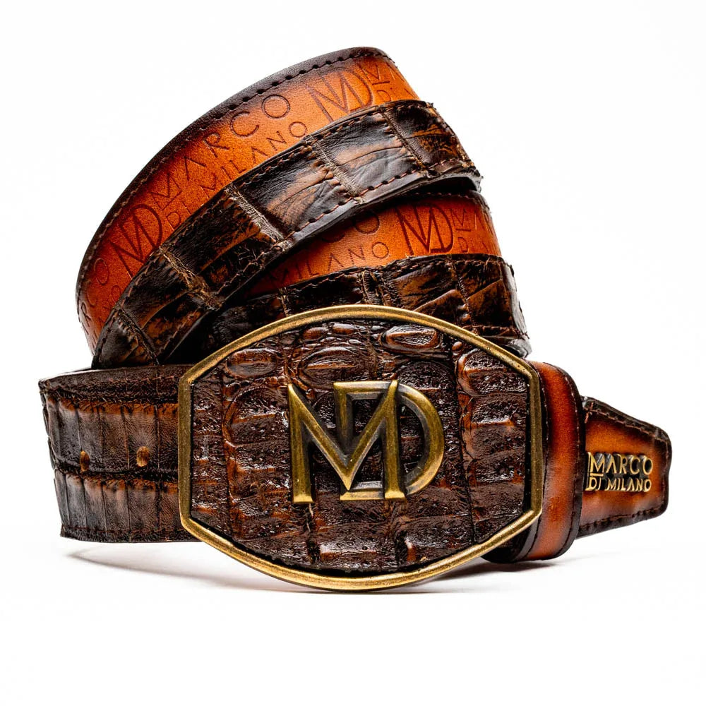 Close-up of Texas Belt in aged brown featuring caiman crocodile skin and smooth calf leather with antique Western buckle.