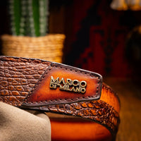 Side profile of model showing Texas caiman crocodile belt over casual outfit.