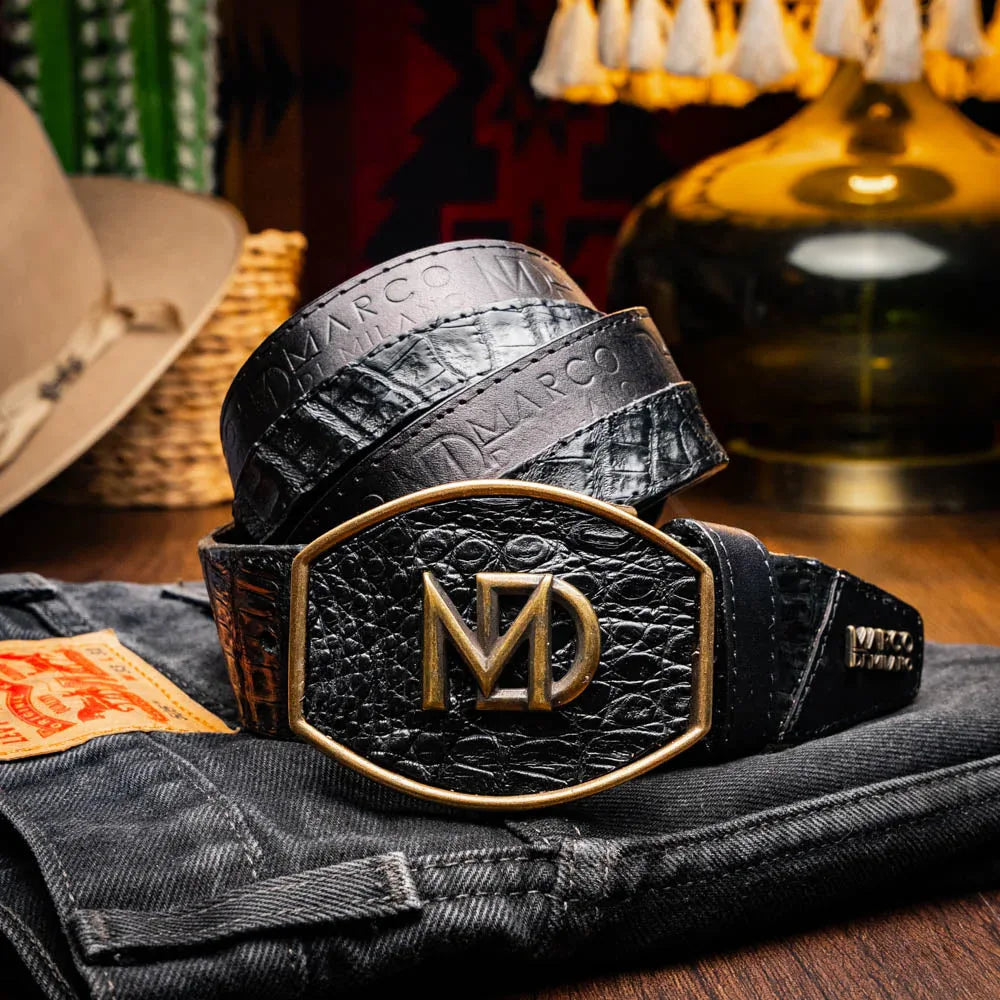 Model wearing Texas Belt with dark jeans, showcasing the belt’s western buckle and leather texture