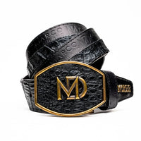Close-up of Texas Belt in black combining caiman crocodile skin and calf leather textures