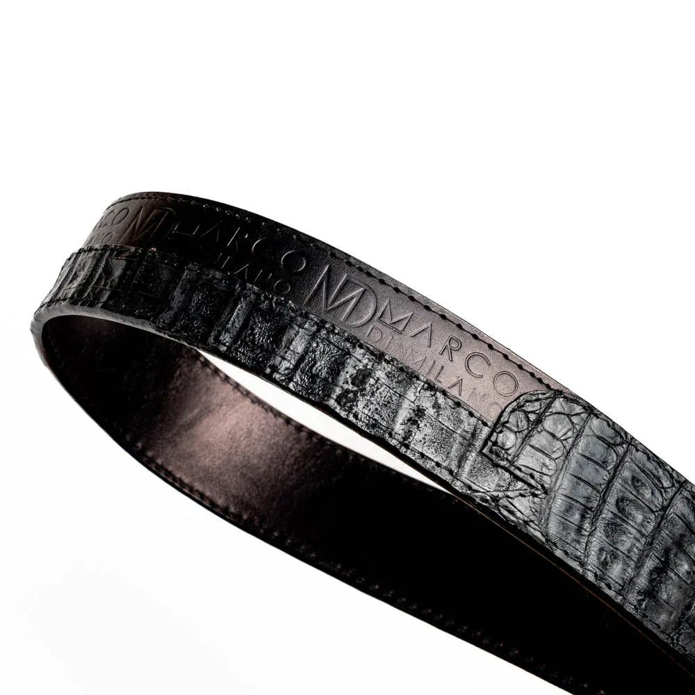 Profile close-up highlighting the contrast between crocodile skin and calf leather on Texas Belt