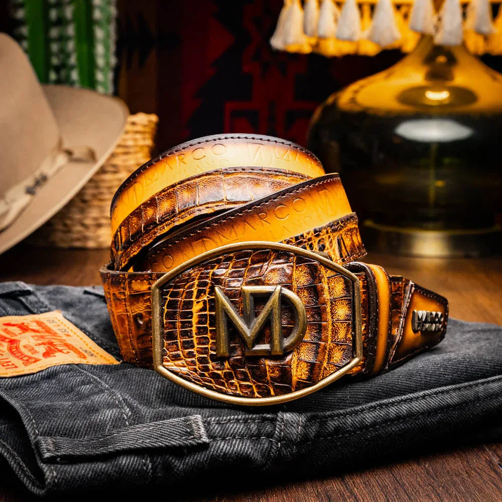 Lifestyle image of model wearing Texas Belt with casual outfit outdoors.