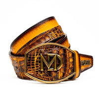 Close-up of Texas Belt in mustard brown showing textured caiman crocodile and calfskin leather with Western buckle.