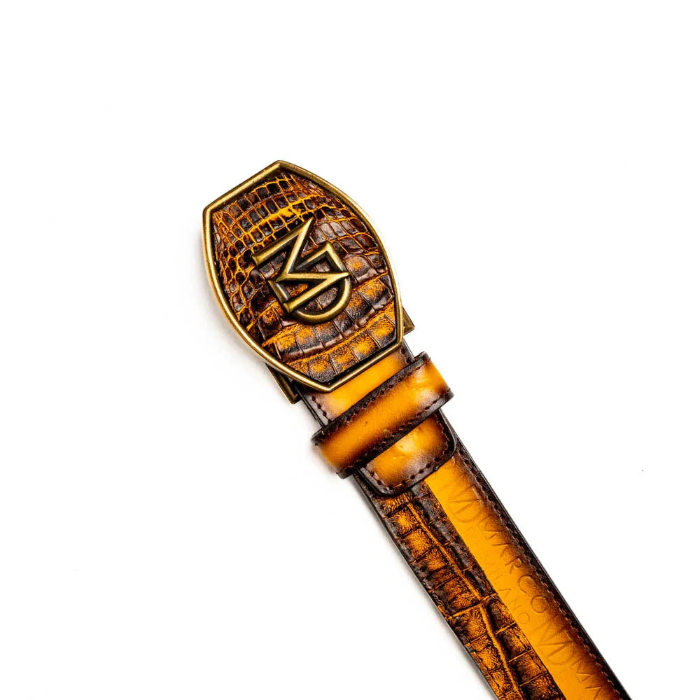 Side view of Texas Belt highlighting the contrast between caiman crocodile skin and mustard calf leather.