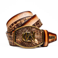 Close-up of Texas Belt in stone brown showing textured caiman crocodile and smooth calfskin leather sections.