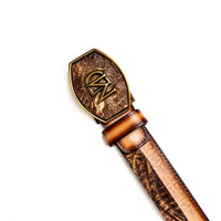 Texas Belt with signature Marco Di Milano hot-stamped calf leather next to caiman crocodile skin detail.
