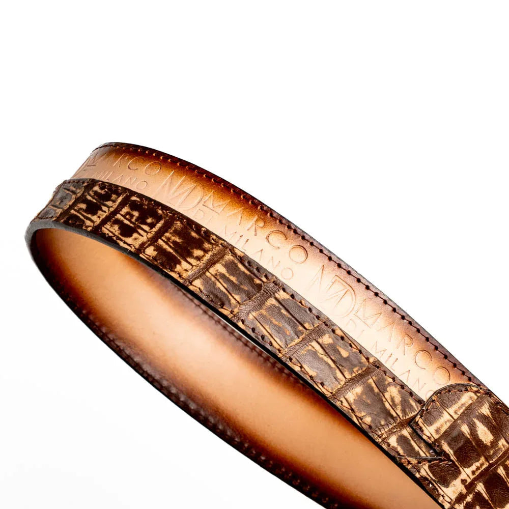 Full length of Texas Belt laid flat showing mix of caiman crocodile skin and stone brown calf leather.