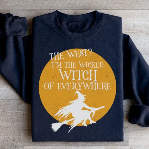 Close-up of black sweatshirt with The Wicked Witch Of Everywhere design