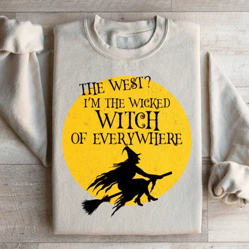 Sand-colored sweatshirt featuring The Wicked Witch Of Everywhere artwork