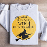 White sweatshirt displaying The Wicked Witch Of Everywhere themed print