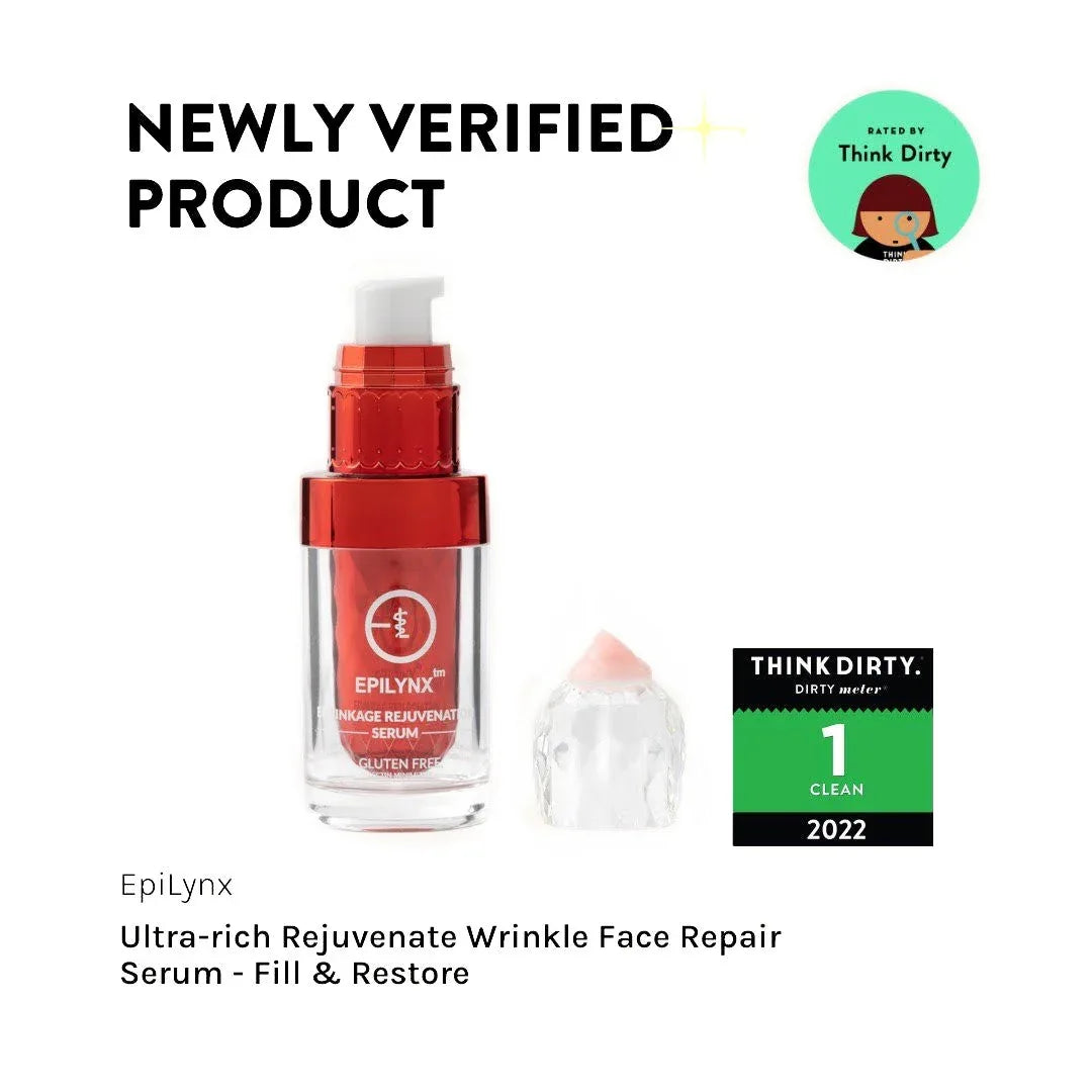 Close-up product shot of serum bottle with red-tinted liquid inside on neutral background.