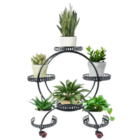 Close-up of one tier on black metal circular plant stand with a green leafy potted plant.