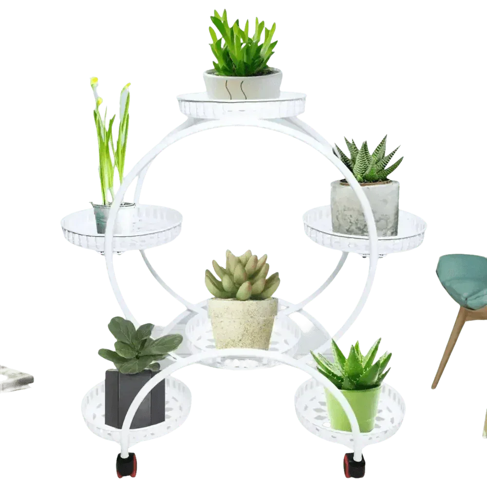 Top view of black metal plant stand featuring six pots each with vibrant houseplants.