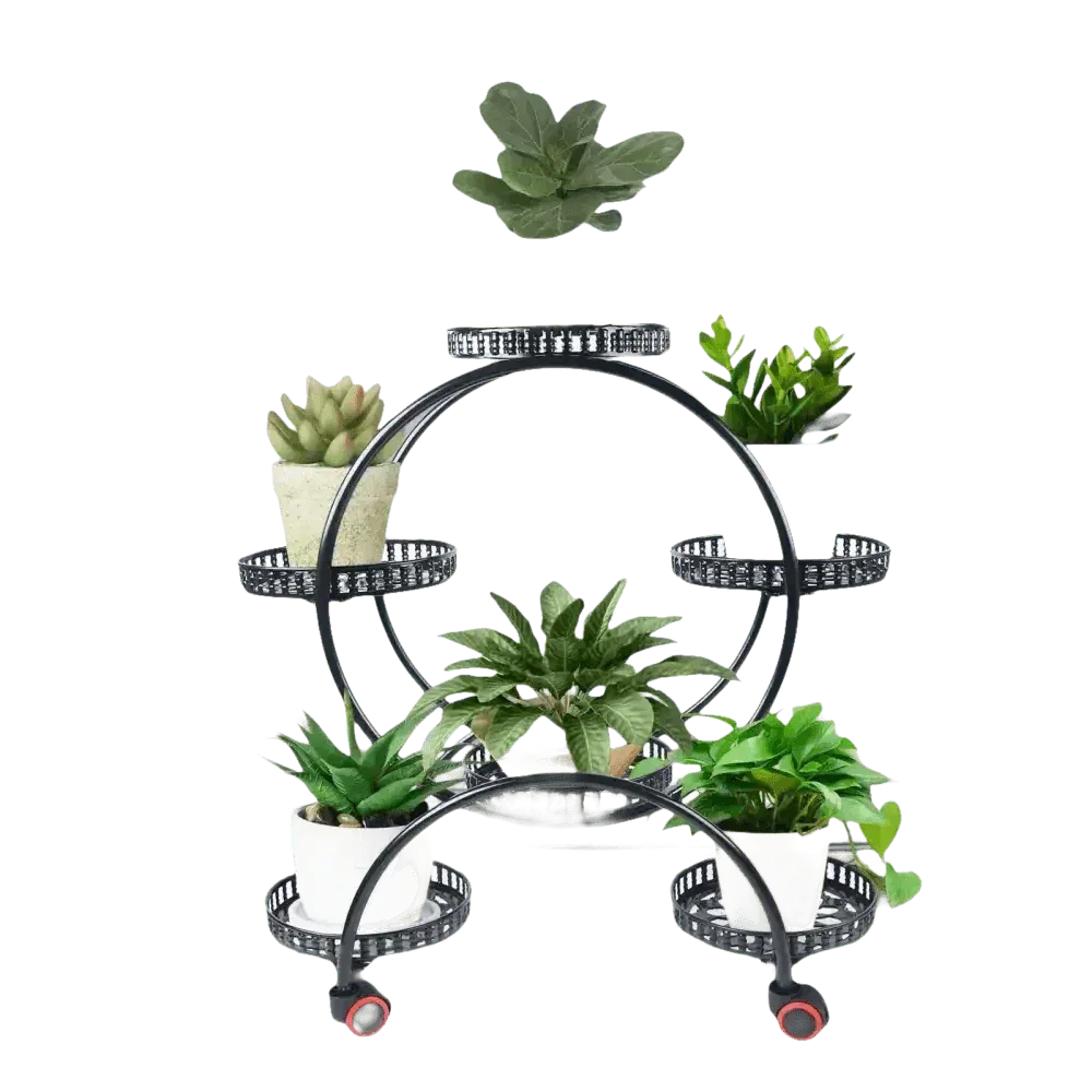 Side view of tall black metal circular plant stand with six different plants in colorful pots.