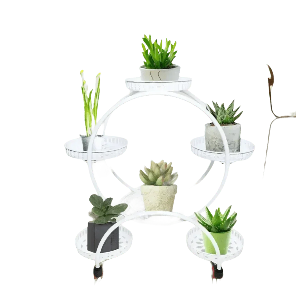 Black metal circular six-tier plant stand showcasing green plants with varied leaf shapes and sizes.