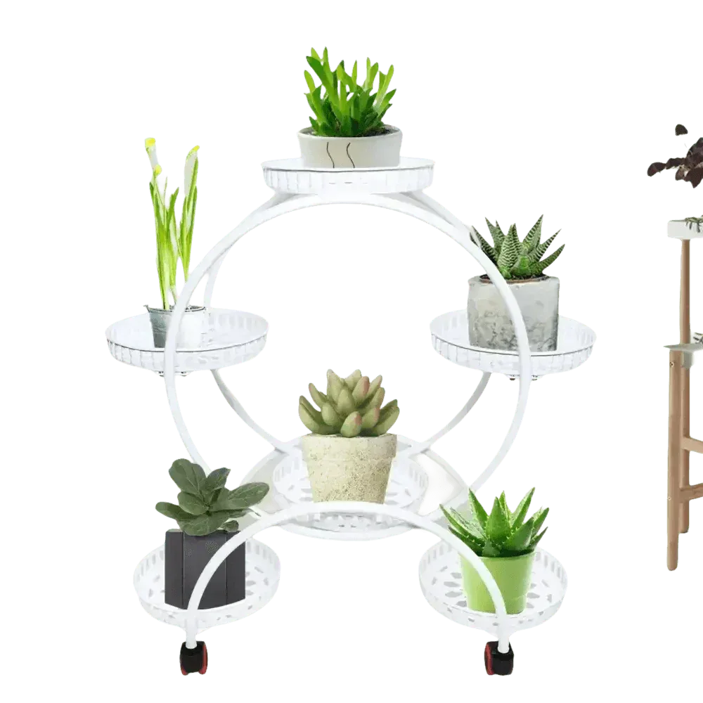 Black metal six-tier circular plant stand filled with potted plants indoors.