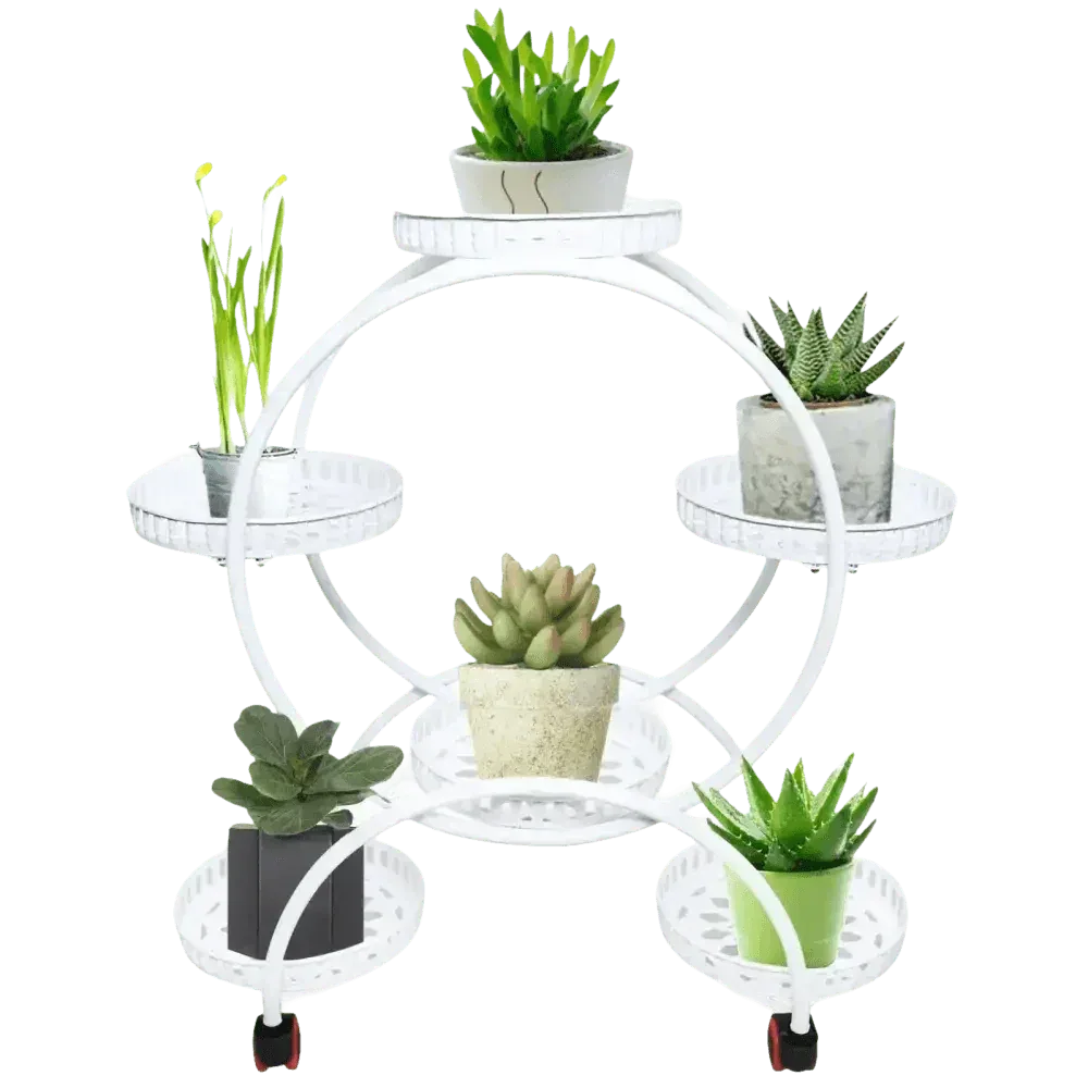 Black metal six-tier circular stand displaying houseplants in various pots against white background.